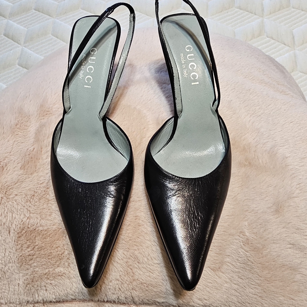Gucci Slingback Black Leather Heels With Gold Bands 5.5